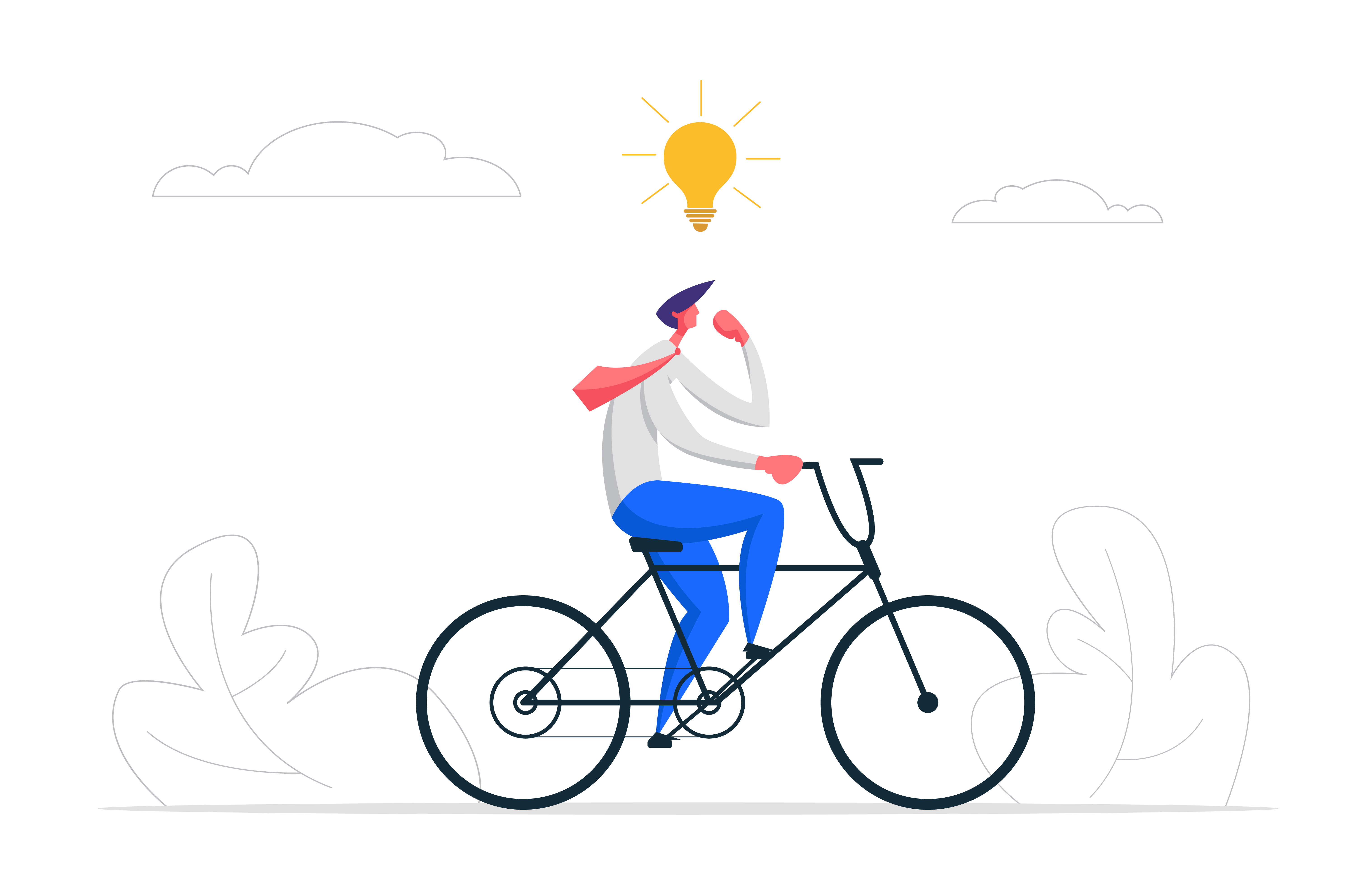 Creative Solutions Business Concept with Businessman Character on a bike Getting Idea as a Lightbulb. Symbol of Out of the Box Thinking, Brainstorming, New Idea, Innovation, Success. Vector cartoon illustration